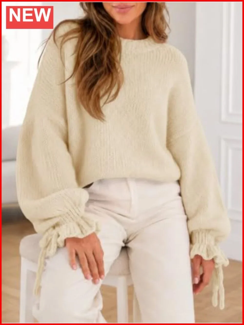Oversized Chunky Knit Ruffle Sleeve Crew Neck Pullover Sweater